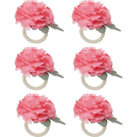 【Rosenrote Serviettenringe】Set mit 6 künstlichen, nelkenförmigen Serviettenringen, Tischdekoration zum Muttertag, handgefertigte Hanf-Serviettenringe, Serviettenklammern für den Tisch (1/2)