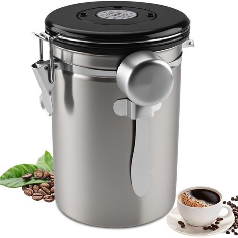 Boite a Cafe Hermetique En Acier Inoxydable, 1,8 L Boîte à Café étanche à l'air Avec Suivi De La Date et Bouilloire De Mesure Pour La Farine, Les Haricots, Le Thé, Les Céréales et Le Sucre