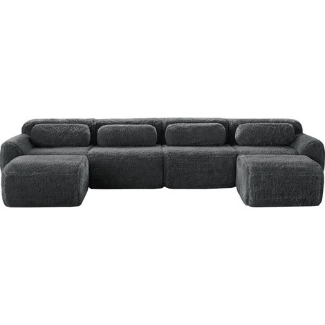 Divano modulare a U grigio in tessuto peluche, senza montaggio, con cuscini (1/5)