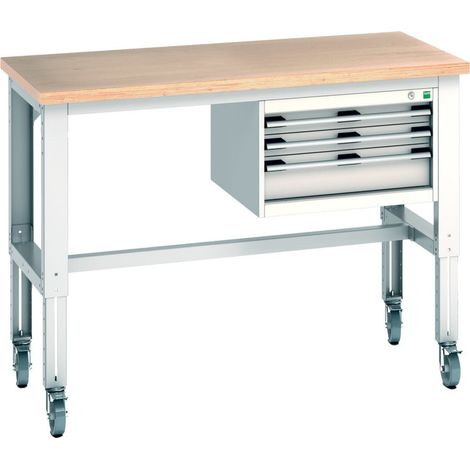 Bott Werkbank cubio 3 Schubladen Multiplex höhenverstellbar 1500x750x840-1140mm RAL 7035