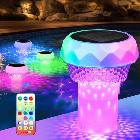 Lampe Solaire Piscine Flottante Diffuseur Chlore Piscine avec Lumière Solaire LED Distributeur de Chlore Flottant avec télécommande Libération Réglable Ouverture Facile Doseur Flotteur Solaire (1/5)