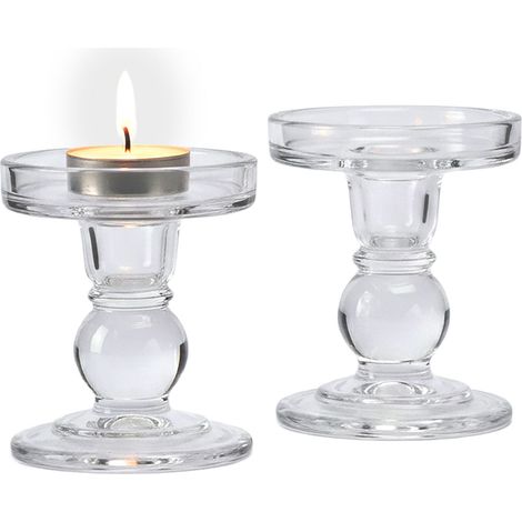 Relaxdays Glass Candle Holders, Set of 2, for Pillar & Taper Candles, HxD: 8.5 x 8.5 cm, Transparent