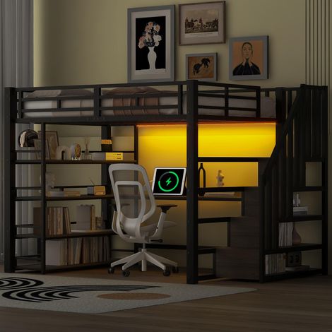 Lit mezzanine en métal 140x200 avec escalier, bureau intégré, compartiments de rangement, station de chargement USB et éclairage LED, noir, garantie 2 ans