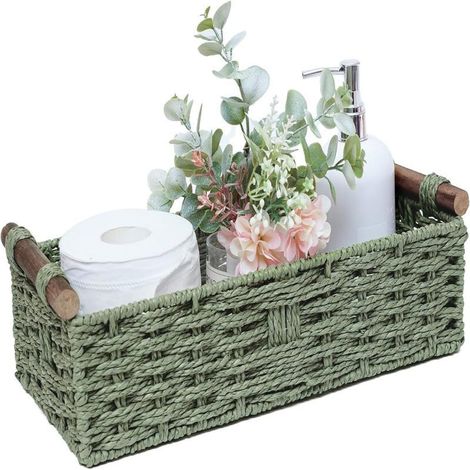 Panier de rangement rond en corde de papier verte – Petit organisateur pour bureau ou compartiments de réservoir de toilettes (1/5)