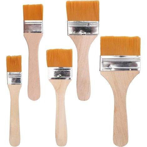 Lot de 5 pinceaux plats nylon manche bois, différentes tailles, pour huile, acrylique, peinture murale (1/5)
