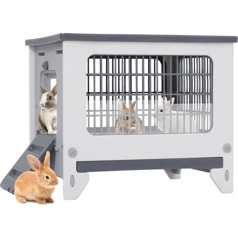 Clapier à lapin en plastique avec clôture libre, roues, toit ouvert, plateau extensible, grille en métal, résistant à l'hiver, pour l'intérieur et l'extérieur (1/5)