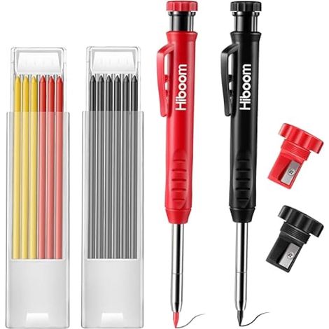 Hiboom Paquets de 2 Crayons de Charpentier avec 14 Recharges, Marqueur de Crayon Mécanique à Long Nez à Trou Profond avec Taille-Crayon Intégré pour Charpentier Menuisier (Noir, Rouge) (1/4)