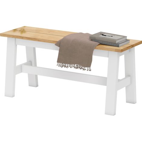 Banc 2 places, banc en bois aspect chêne, barre transversale de stabilisation, pour salon, salle à manger, couloir, bois de hévéa, blanc (1/5)