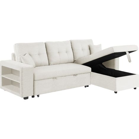 Concept-Usine – Canapé d'angle convertible 4 places beige – Tissu de lin – Dimensions 233 x 113 x 93 cm – Couchage 196 x 113 cm