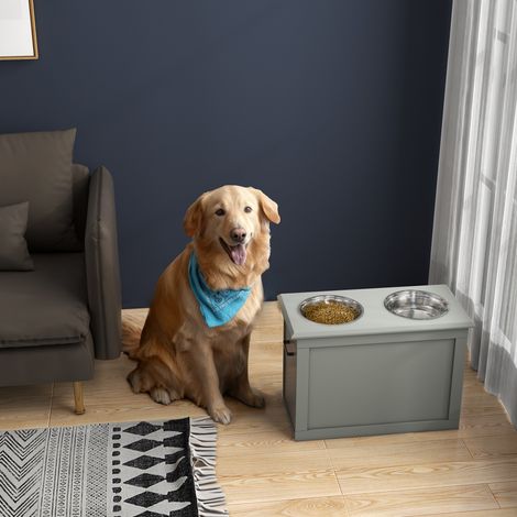 Gamelles chiens surélevées gamelle double chien chat Porte-gamelles surélevé dim. 60L x 30l x 41H cm 2 gamelles 2L poignées coffre bois gris