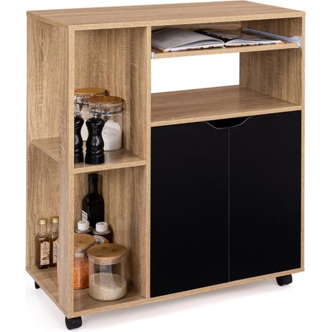 Idmarket – Desserte de cuisine COSI bois façon hêtre – 4 roulettes – Dimensions L.76 x P.39.5 x H.85 cm – Portes noires design – Rangement pratique