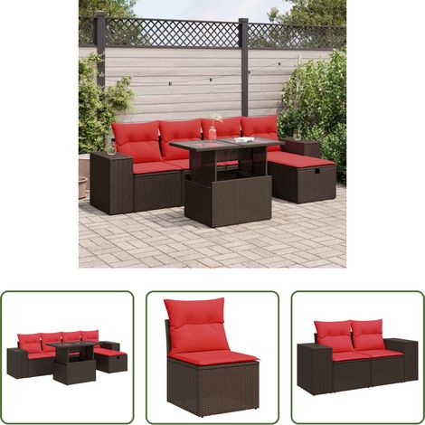 Gartentisch - 6-tlg. Garten-Sofagarnitur mit Kissen Braun Poly Rattan (1/5)