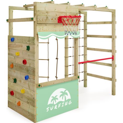 WICKEY Wooden climbing frame Smart Action Garden playhouse with climbing wall & play-accessories - pastel green