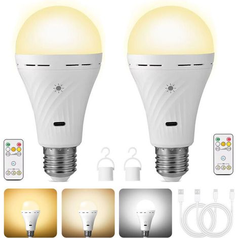 Ampoule rechargeable USB avec télécommande, batterie 2200mAh, variateur à 3 niveaux et minuterie, culot E27,trois températures de couleur, ampoule LED