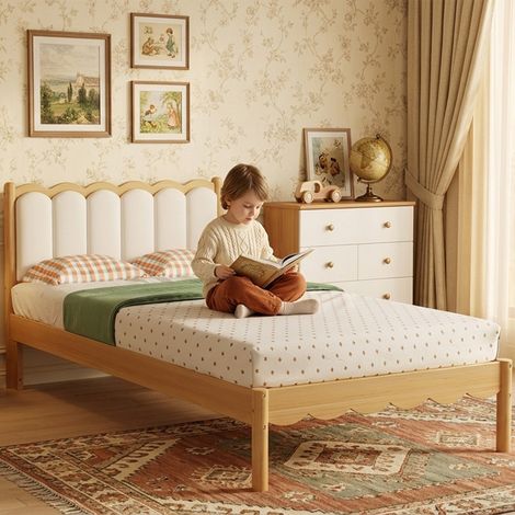 Lit enfant rembourré 90x200 cm avec tête PU vague Lit simple en bois avec sommier lattis cadre bois massif Beige + Naturel