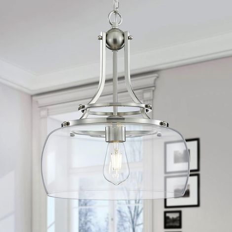 Lustre Rustique Ferme Industrielle Plafond Rond Suspendu luminaire LED avec Stores en Verre Clair pour Salle à Manger îlot de Cuisine entrée, h 43 x w 34, Base e27, Nickel brossé (1/5)