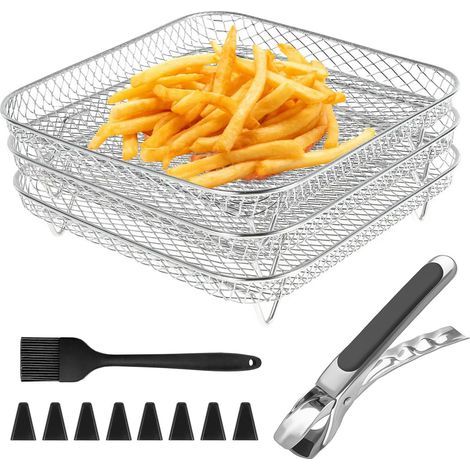 3 Pièces 20 cm Grille Air Fryer, Acier Inoxydable, Accessoires pour Friteuse avec Coins en Silicone, Clips Anti-Brûlure et Brosses en Silicone, Empilables en 3 Couches, pour Friteuses et Fours (1/4)
