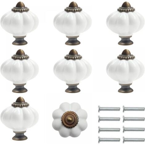 Poignées de meuble en céramique blanche et bronze avec vis citrouille (lot de 8) - Poignées de meuble rondes vintage (1/5)