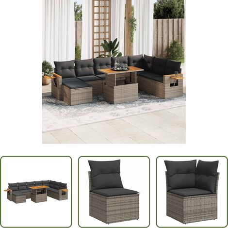 vidaXL Rattanmöbel - 9-tlg. Garten-Sofagarnitur mit Kissen Grau Poly Rattan Akazie (1/5)
