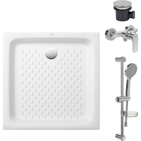 Pack Plato de ducha 70 x 70 VILLEROY ET BOCH O Novo cerámica cuadrada blanca con desagüe D90 y grifería