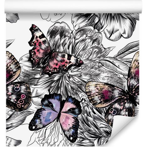 Papel pintado de mariposas, flores y plantas para salón y dormitorio, 50x1000 cm. (1/5)