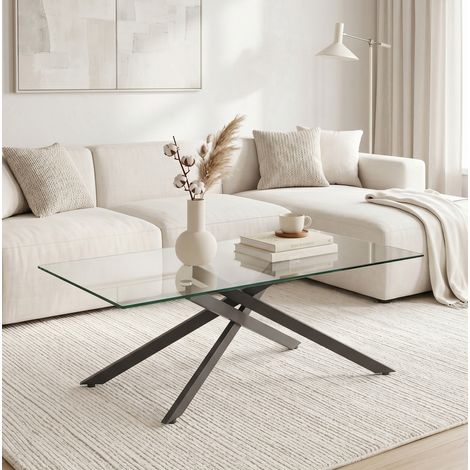Couchtisch aus gehärtetem Glas, rechteckiger Couchtisch, schwarze, geformte Metallbeine, moderner Wohnzimmertisch, schwarz-H46/B100/T60 cm (1/5)