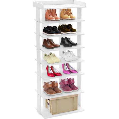Youyijia Narrow Shoe Rack, Double Rows 7-Tier Tall Shoe Rack Organiser, Slim Vertical Shoe Storage Cabinet Wooden Shelf Rack Shoe Tower Free Standing Display Rack for Corner Entrance Hallway (White) (1/5)