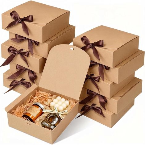 10 Kraft Cardboard Gift Boxes with Lids, 16.5 x 16.5 x 5 cm Large Brown Gift Box with Ribbon, for Wedding, Birthday, Christmas, Easter and Party (1/5)