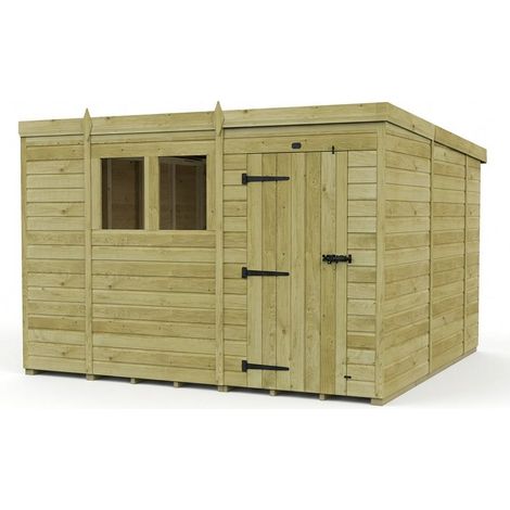 10ft x 10ft Pent Garden Shed Single Door With Windows - Pressure Treated Timber - L305 x W305 x H210 cm - Natural