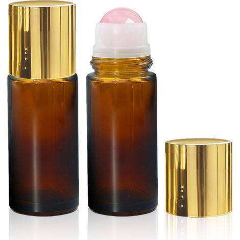 2 Pièce 50 ml Bouteilles à rouleau en quartz rose pour huiles essentielles, remplissables et étanches, bouteille en verre ambré de avec boules de cristal naturelles, idéale pour parfums et arômes. (1/5)