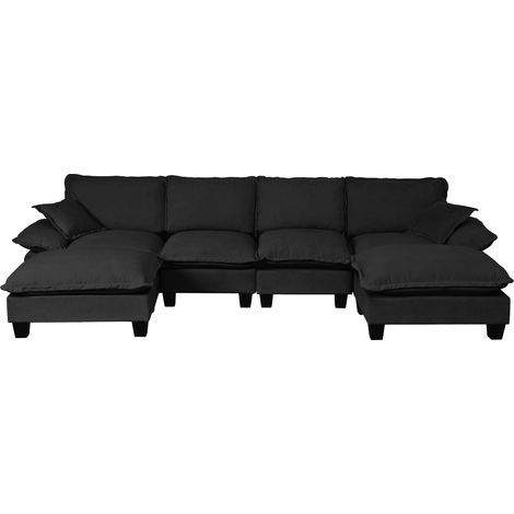 Sofá modular de esquina en U de chenilla negra, 6 plazas, con otomanas móviles (1/5)