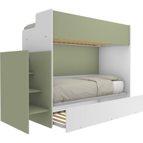 Letto a castello minimalista con terzo letto estraibile - Bianco e Salvia