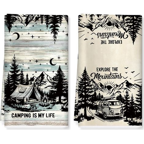 Torchons de Cuisine Rétro Camping Vaisselle Lot de 2, Serviettes de Cuisine Torchon Vaisselle, Doux Et Super Absorbant Accroche Très Serviettes de Bar 42 X 70 Cm (1/5)