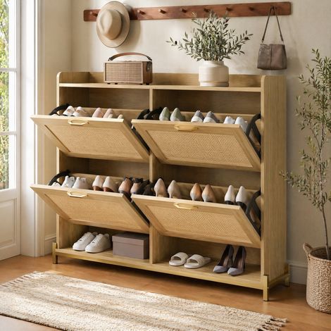 MEUBLIV Schuhschrank 4 Türen MDF Eiche hell – mit oberer Ablage (1/5)