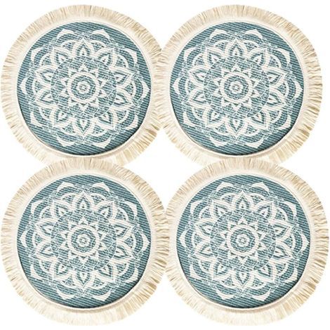 Set of 4 Round Bohemian Style Woven Cotton Placemats for Hot Dishes and Hot Drinks, 13 Inch Washable Mandala Pattern Tassel Placemats for Dining Table Home Decor (1/4)