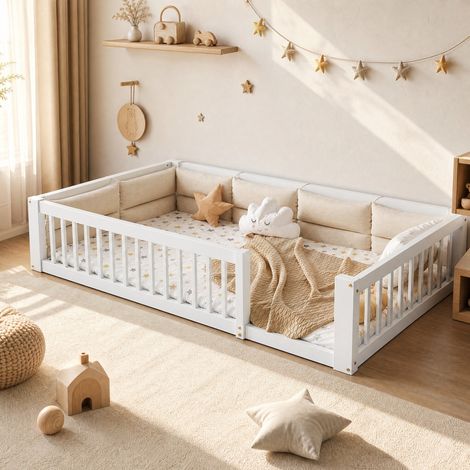 Lit plateforme 90x200 cm en bois et MDF blanc, barrières, gain de place, sans matelas – MEUBLIV (1/5)