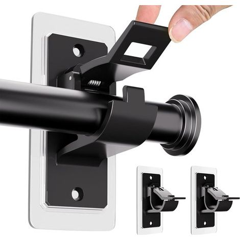 Soportes para barra de cortina (paquete de 2) autoadhesivos, sin necesidad de taladrar ni clavar, de material PET, para baños y salas de estar, color negro. (1/5)