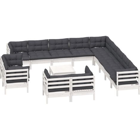 Salon de jardin 14 pcs avec coussins blanc bois de pin solide vidaXL (1/5)