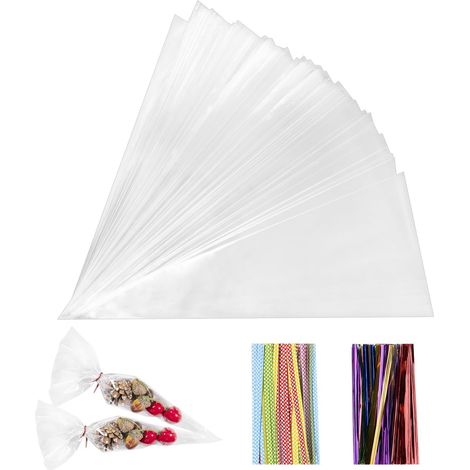 200 Pièces Sachet Bonbon, 25x13cm Sachet Plastique Transparent Sacs Cellophane avec 200 Rubans Métalliques Pour Bonbons, Biscuits, Pain, Fruits, Etc. Pour Les Fêtes De Cadeaux (1/5)