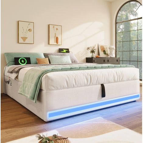 Cama matrimonio con almacenaje LED beige 140x200 OKMYHOME (1/5)