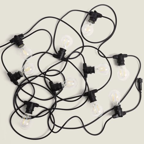 Kit Ghirlanda Luci per Esterni IP44 10m Nero + 10 Lampadine Filamento LED B22 2W A60 3000K Bianco Caldo