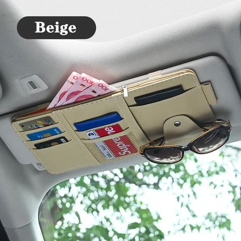 (Beige uni) Pare-soleil de voiture, porte-cartes de visite, porte-stylo, organiseur CD/DVD, boîte de rangement, clip pour lunettes de soleil, accessoires de voiture (1/5)