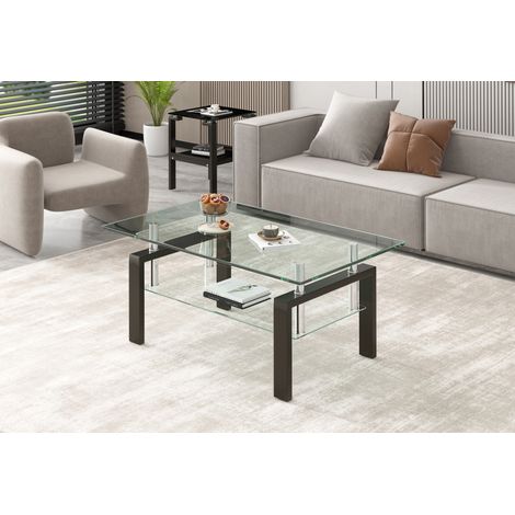 Mesa de centro 100x60x44 cm de vidrio templado y metal transparente con estante – MEUBLIV (1/5)