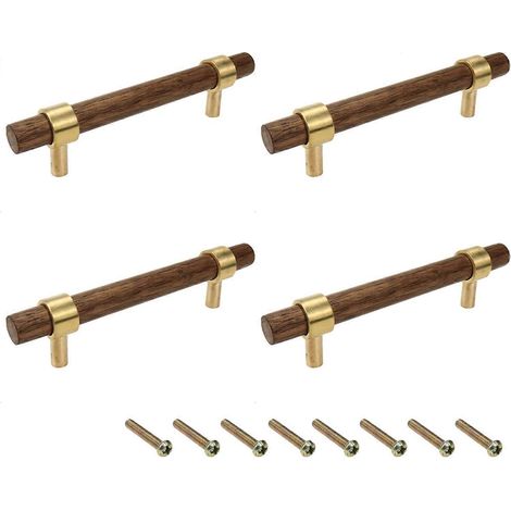 Poignées de tiroir 140 mm (5,51 po) en laiton et noyer, quincaillerie pour cuisine, armoire ou meuble, entraxe réglable avec vis, lot de 4 (1/5)