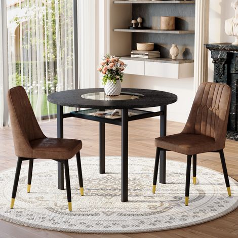 Ensemble Tisch und 2 Stühle für Esszimmer, MDF-Tischplatte mit Glas, Stoff, Braun und Schwarz (1/5)