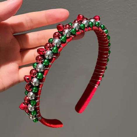 1 serre-tête de Noël festif avec perles rouges et vertes, accents dorés et breloques clochette - Accessoire de fête en polyester emballé à la main (1/5)