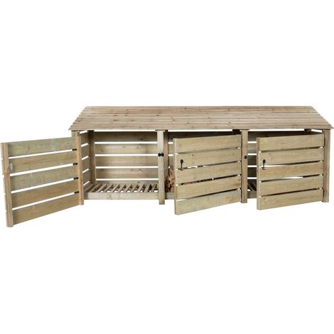 Slatted wooden log store with door W-335cm, H-126cm, D-88cm - natural (light green) finish