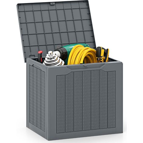 Caja de almacenamiento para exterior de 96 l, con tapa con cerradura, aspecto ratán, gris (1/5)