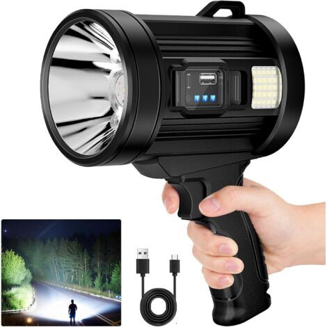 Projecteur rechargeable 100000 lumens – Portée 1500m – 6 modes étanches IPX6 – Recharge USB et solaire – Lampe torche professionnelle (1/5)