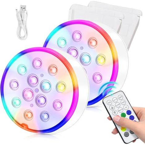 Deux lampes de piscine LED submersibles rechargeables, étanches IP68, avec télécommande RF, interface USB, minuterie et 13 LED RGB 16 couleurs. (1/5)